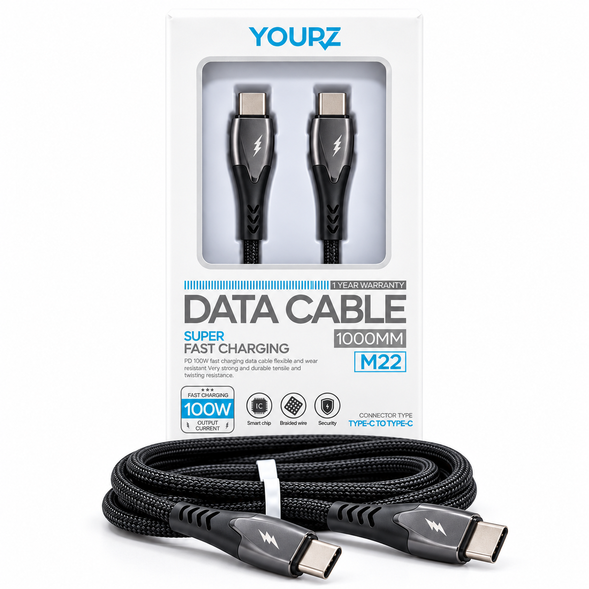 Cablu de Date și Încărcare Rapidă YOURZ M22, USB-C la USB-C, 100 W, 1 m, Negru