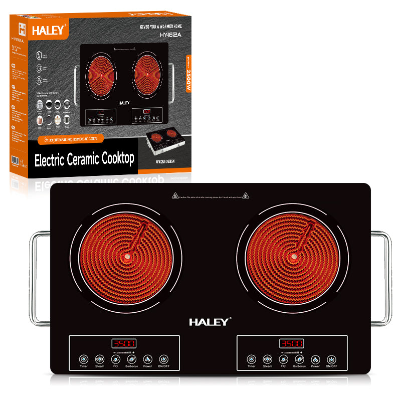 Plită Ceramica HALEY, 2 Ochiuri – 3500W, Geam Cristal Negru, Timer, Control Tactil, Oprire Automată
