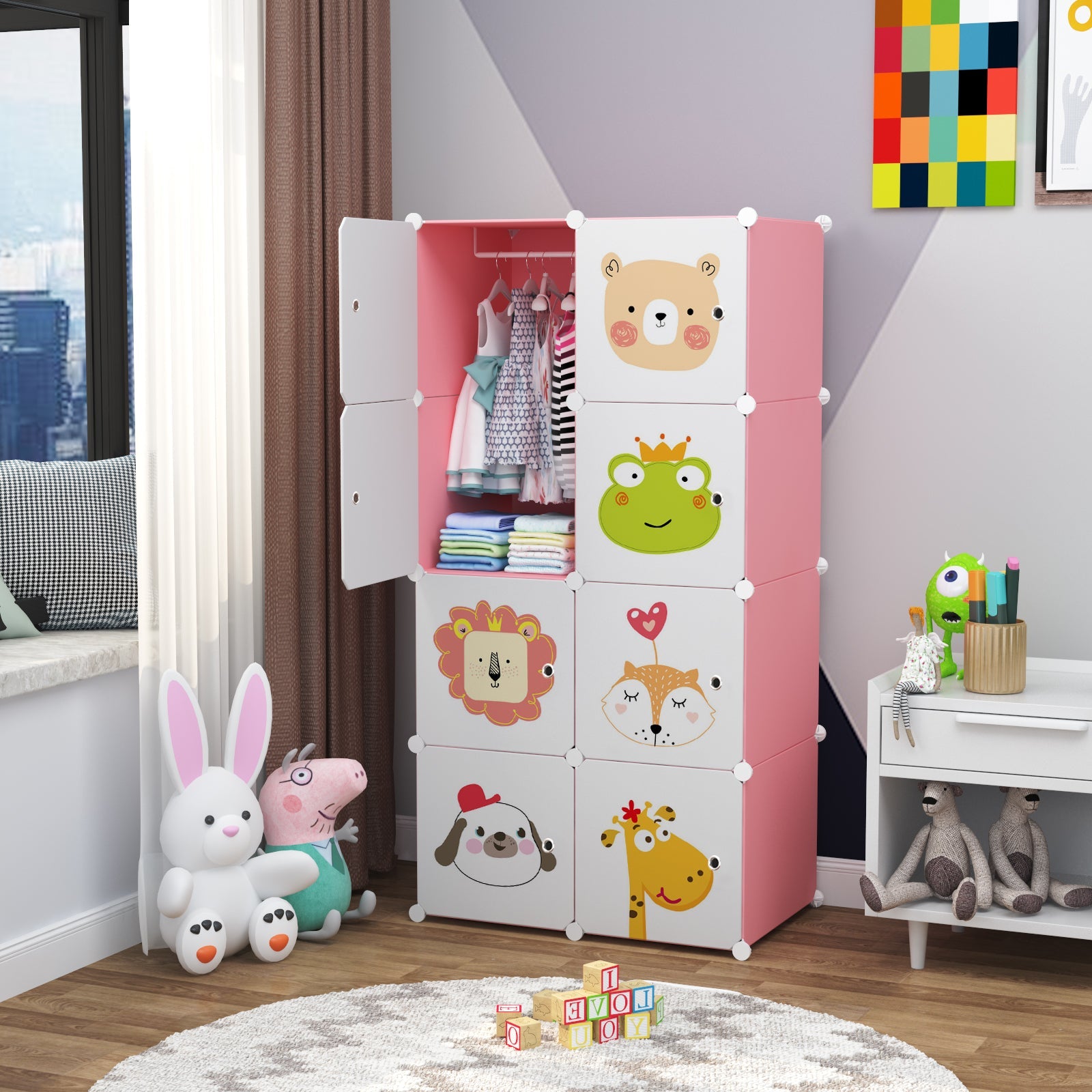 Dulap modular pentru copii, Roz, AT PERFORMANCE®, 8 rafturi Design Colorat cu Desene Jucăușe