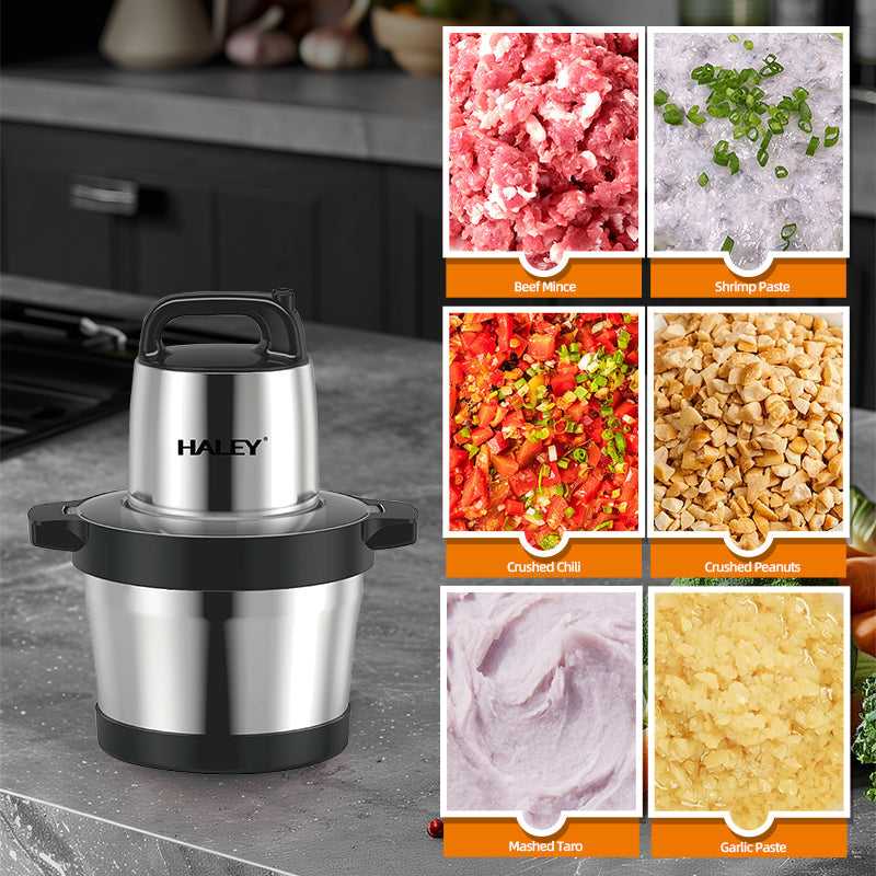 Tocator Electric HALEY 1200W, 4 Lame din Oțel Inoxidabil, Recipient Full Inox 6L, 2 Viteze Reglabile