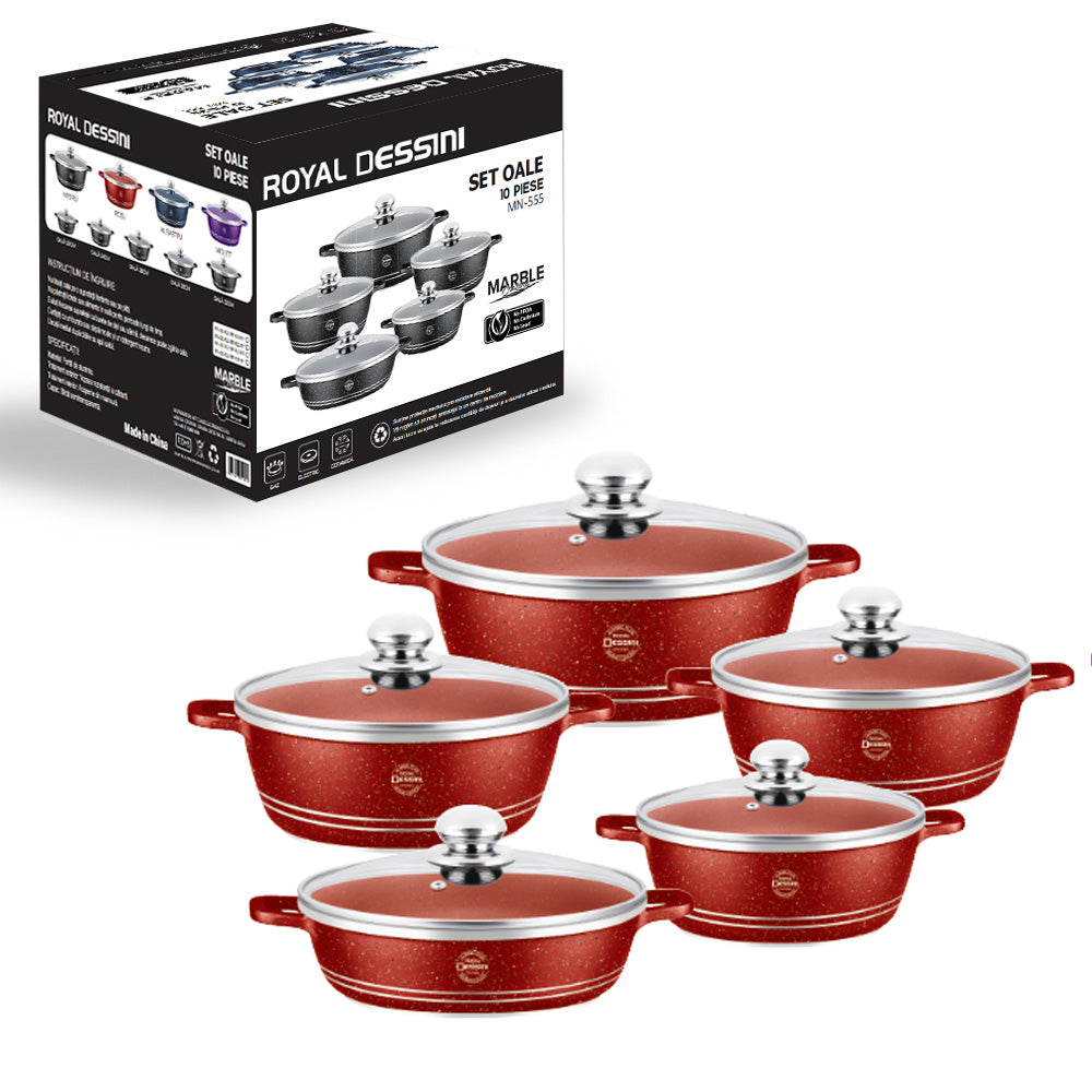 Set de oale Premium 10 Piese AT PERFORMANCE – Oale cu acoperire din marmură și capace din sticlă semitransparentă, 5 dimensiuni pentru gătit versatil