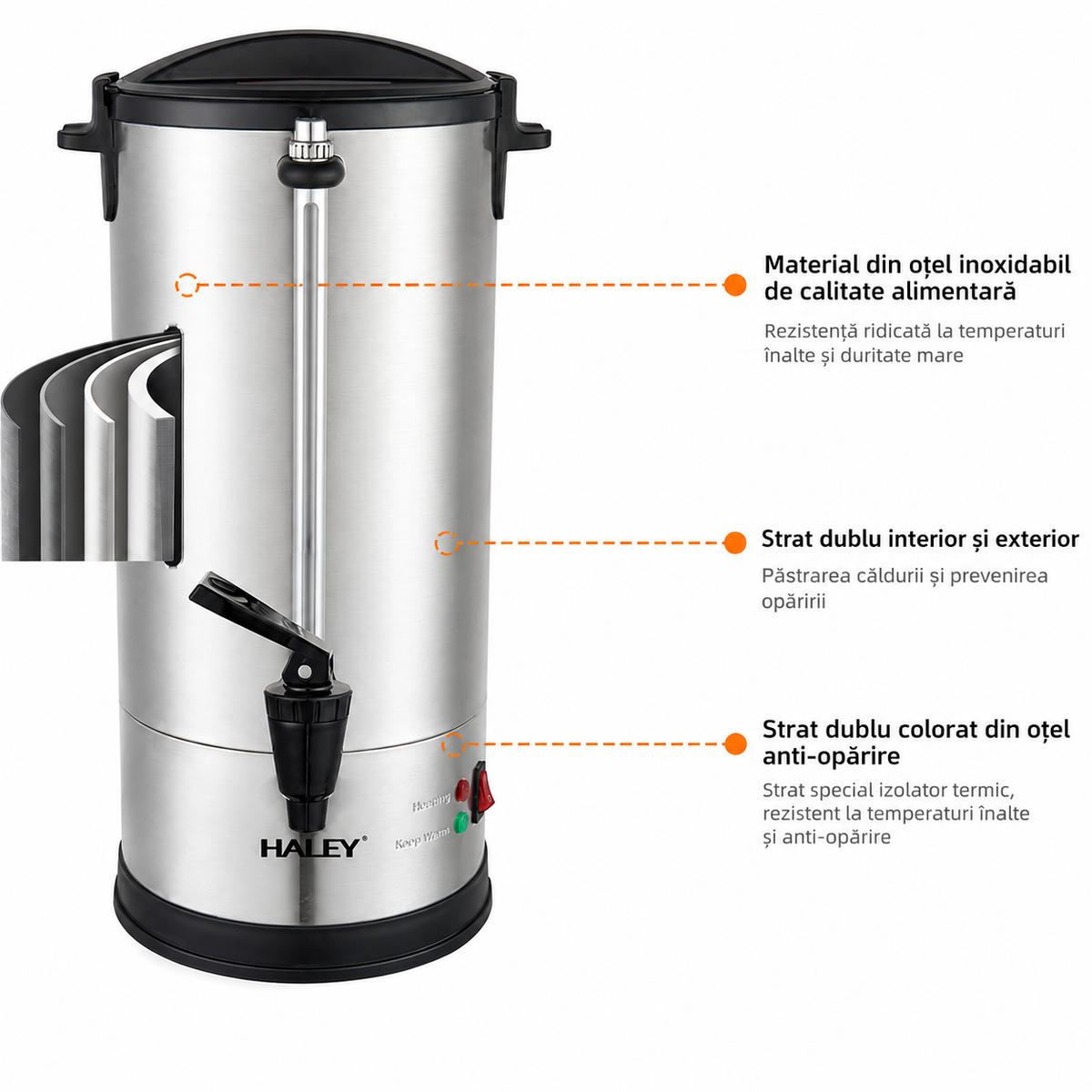 Termos Electric Profesional HALEY HY-6935L, 35L, 2500W, Inox 304, Robinet, Indicator Nivel Apă, Menținere Temperatură