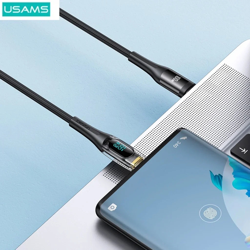 Cablu de Date & Încărcare Rapidă USAMS Shadow Series, USB-C la USB-C, 100W PD, Display Digital LED, Nylon Împletit, 1.2m