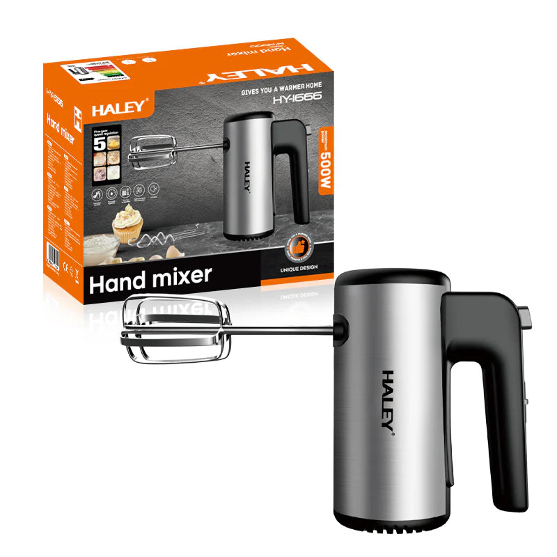 Mixer de Mână din Inox HALEY 500W – 5 Viteze, Motor Puternic, Design Vertical, Accesorii Incluse