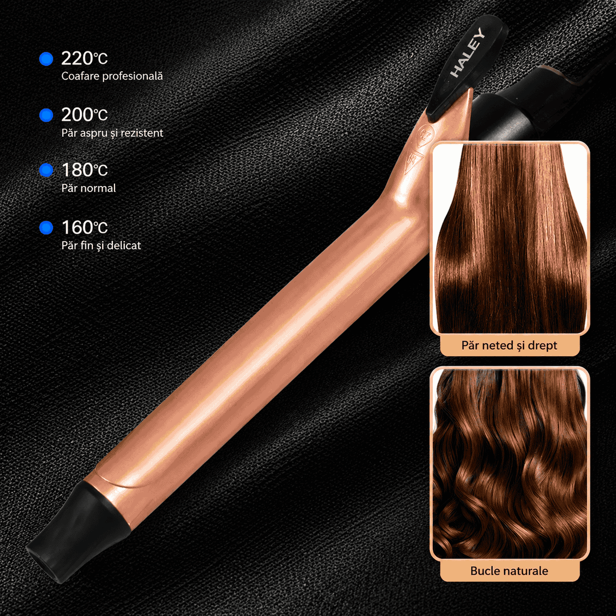 Ondulator de Păr HALEY HY-3503, 55W, 160–220°C, Ceramică cu Turmalină, Afișaj Digital, Încălzire Rapidă, Rose Gold/Negru