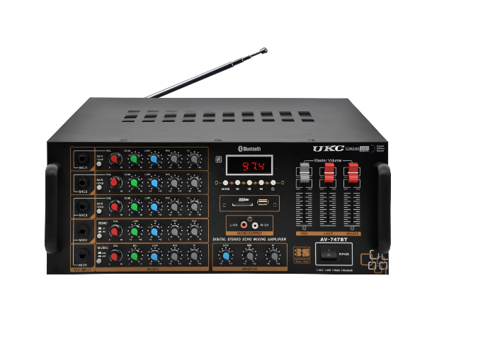 Amplificator Audio AV-747 BT, 5 intrari microfon, USB, Card SD, AUX, Radio, Negru