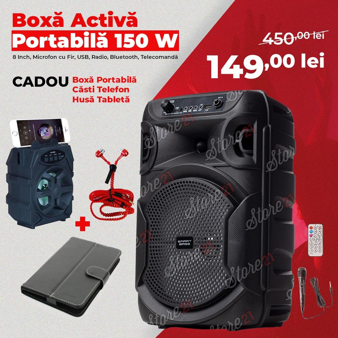 Boxa Activa Portabila 150 W , 8 Inch ,Microfon Cu Fir, USB, Radio, Bluetooth,Telecomandă+Cadou boxa portabila+casti telefon+husa tableta