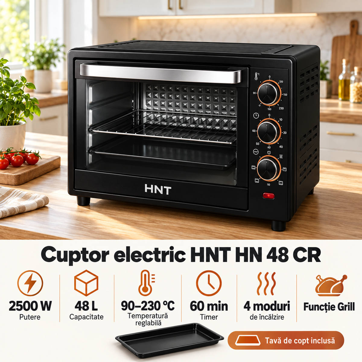 Cuptor electric HNT 48 L, 2500 W, cu grill și timer – HN 48 CR, Control Temperatură