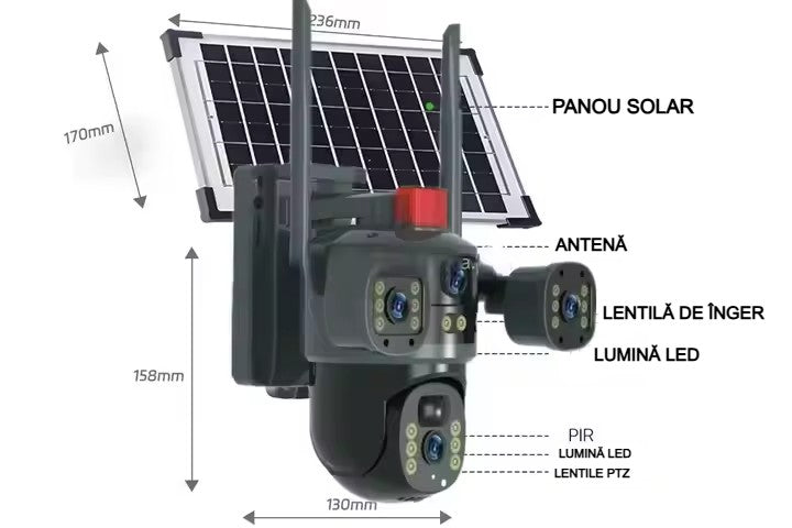 Cameră Supraveghere Solară cu 4 Camere AT PERFORMANCE® – 4K UltraHD, 4G SIM, Detecție Mișcare, Viziune Nocturnă 360° Această cameră de supraveghe + Cadou Card SD 32GB