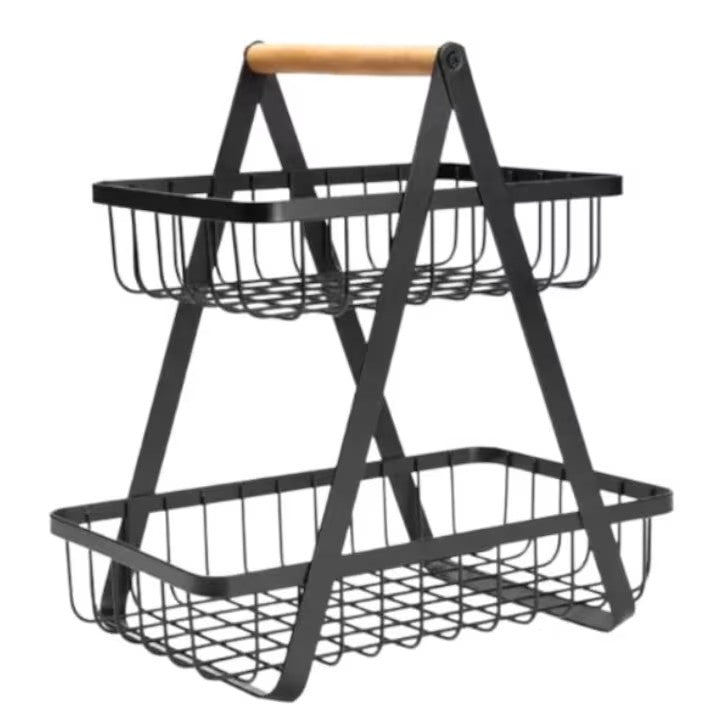 Cos de fructe, decorativ, Metal, 2 etaje, Negru