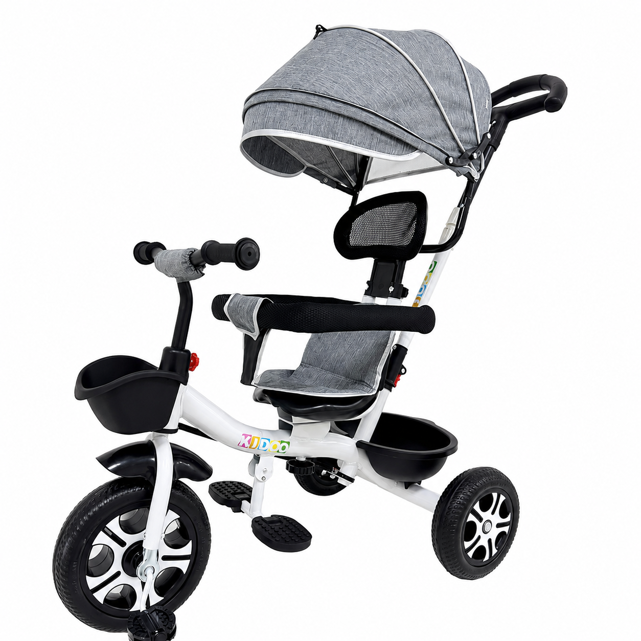 Tricicletă Evolutivă Kiddo KD-X06, Scaun Rotativ 360°, Poziție de Somn, Centură 5 Puncte, Copertină UV, Roți din Cauciuc, 9 Luni – 6 Ani