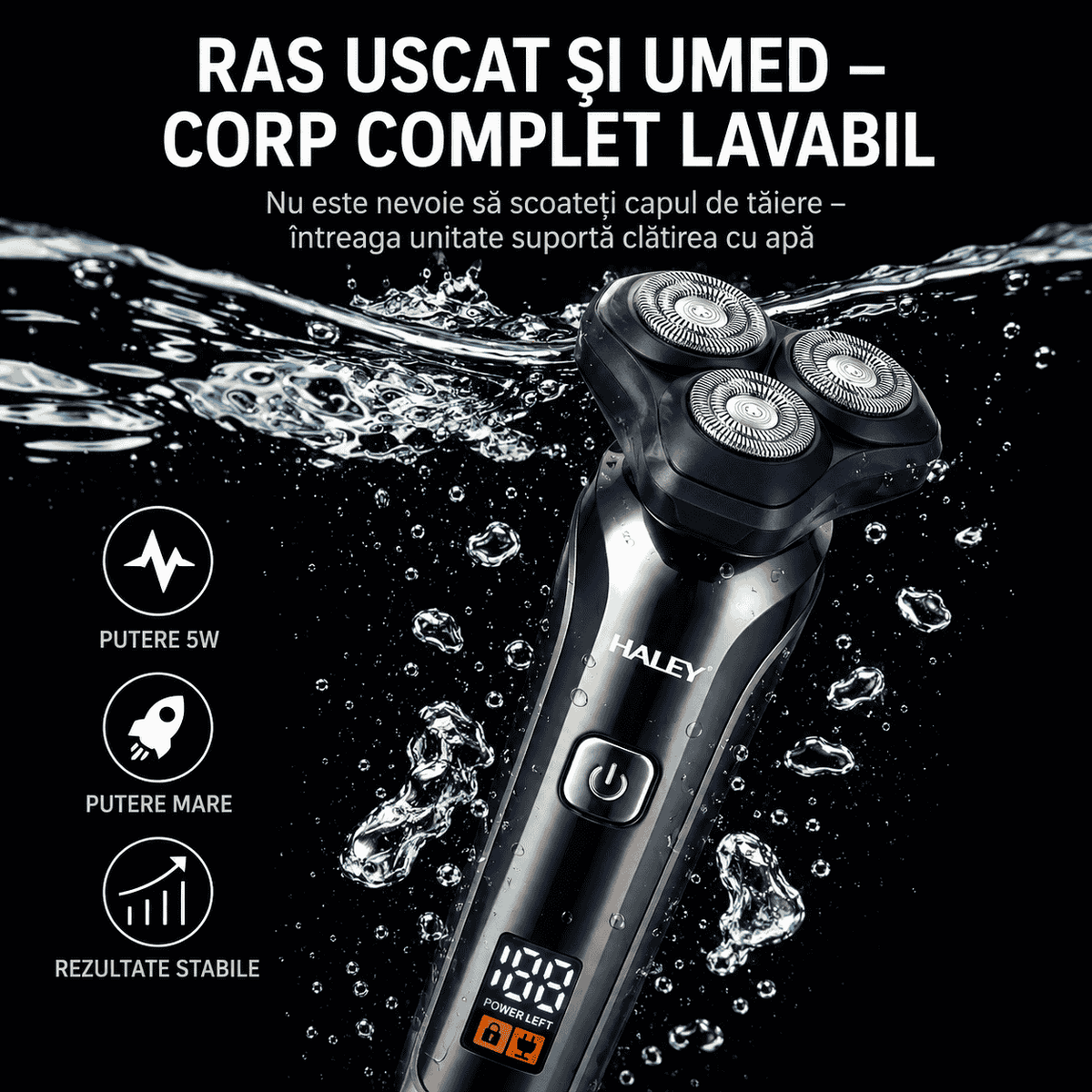 Aparat De Ras Electric Haley HY-4703, 3 Capete Rotative, Acumulator 1200 mAh, Autonomie 180 Minute, Waterproof, Încărcare USB
