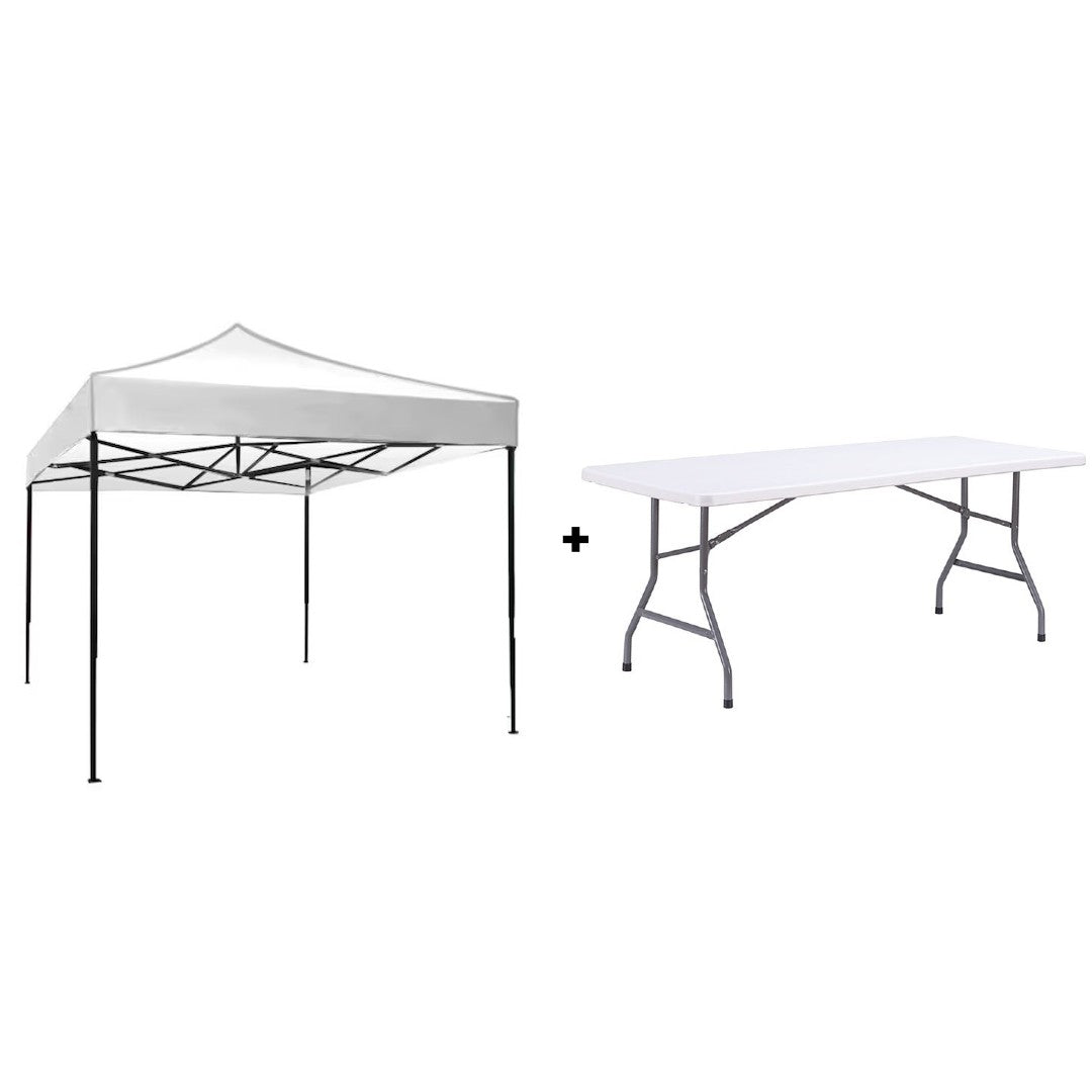 Set Evenimente AT PERFORMANCE® – Cort Pavilion 3x3m + Masă Pliantă Dreptunghiulară 180x72 cm, Ideal pentru Nunți, Botezuri, Grătare și Târguri