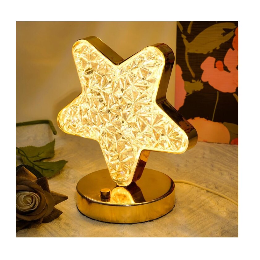Lampa de masa decorativa, AT PERFORMANCE®, creativa in forma de stea aurie, in 3 culori, lampa de noptiera din metal acrilic alimentata prin USB pentru dormitorul copiilor