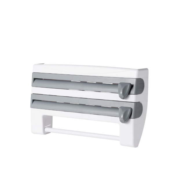 Dozator de Folie Aluminiu, Folie Plastic si Prosoape Hartie, At Performance, 3 in 1, Cutite Incluse si Kit Montaj Perete, 39 x 24 x 10 cm, Alb-gri