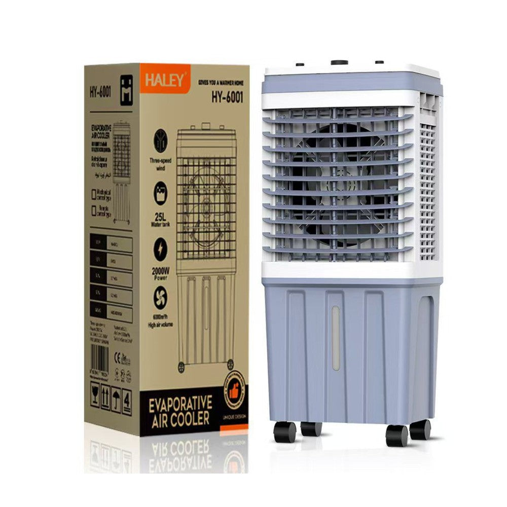 Răcitor de Aer Portabil HALEY, 2000W, Rezervor 25L, 3 Viteze, 2 Cutii Gheață, Debit 6000 m³/h, Alb/Gri, Control Mecanic