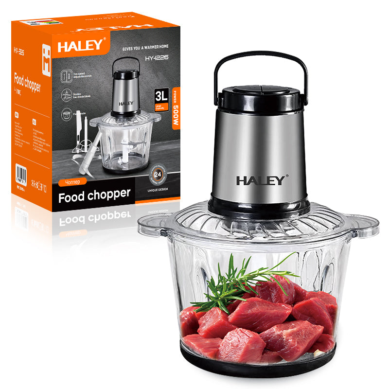 Tocator Electric Haley® 500W, 4 Lame din Oțel Inoxidabil, Recipient Sticlă 3L, 2 Viteze Reglabile, Design Auriu/Negru
