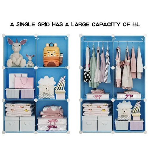 Dulap modular pentru copii, albastru, AT PERFORMANCE®, 12 rafturi, durabil, 110X37X147 cm, castel, print