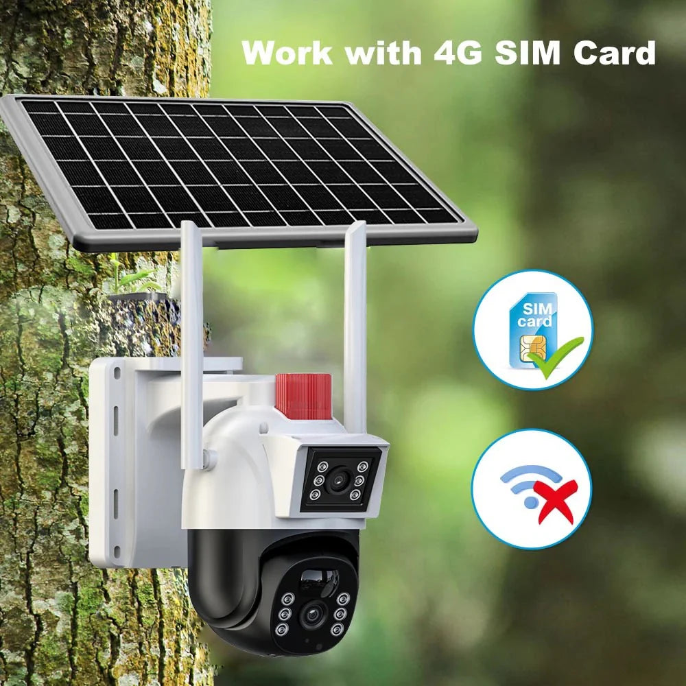 Cameră de Supraveghere Solară HNY 3MP 4G cu Panou Solar, Aplicația V380 Pro, Rotire PTZ, IP66, Card 64GB Inclus