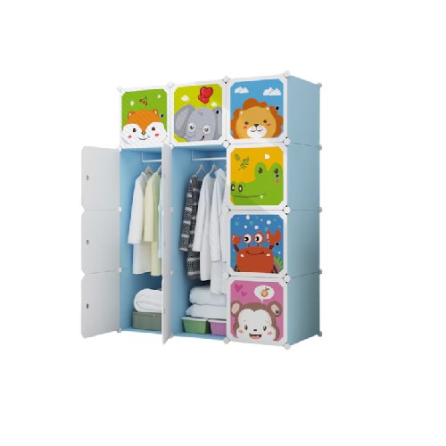 Dulap modular pentru copii, albastru, AT PERFORMANCE®, 12 rafturi, durabil, 76X37X147 cm, animalute zoo