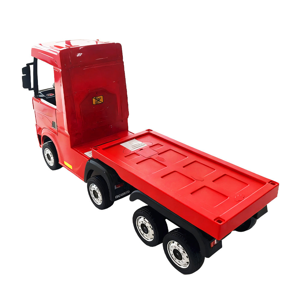 Camion electric cu remorcă pentru copii oficial licentiat, KIDOO, 12V, 2 motoare 35W, telecomandă 2.4G, suspensie pe 4 roți, lumini, muzică, viteză 3-5 km/h, uși funcționale