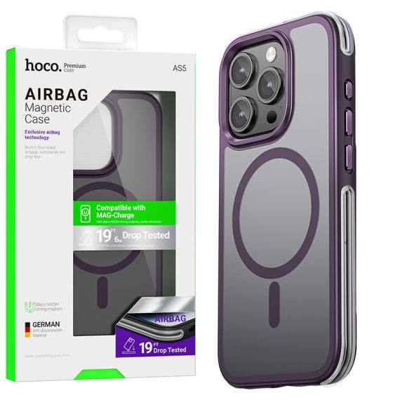 Husa Hoco (AS5) pentru iPhone 15 Pro Max, cu MagSafe, Magnet, GripEdge, Frosted Gray/PURPLE