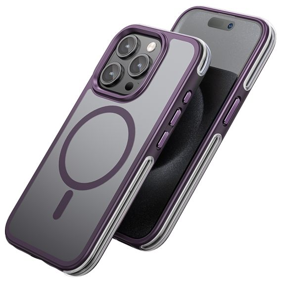 Husa Hoco (AS5) pentru iPhone 15 Pro Max, cu MagSafe, Magnet, GripEdge, Frosted Gray/PURPLE