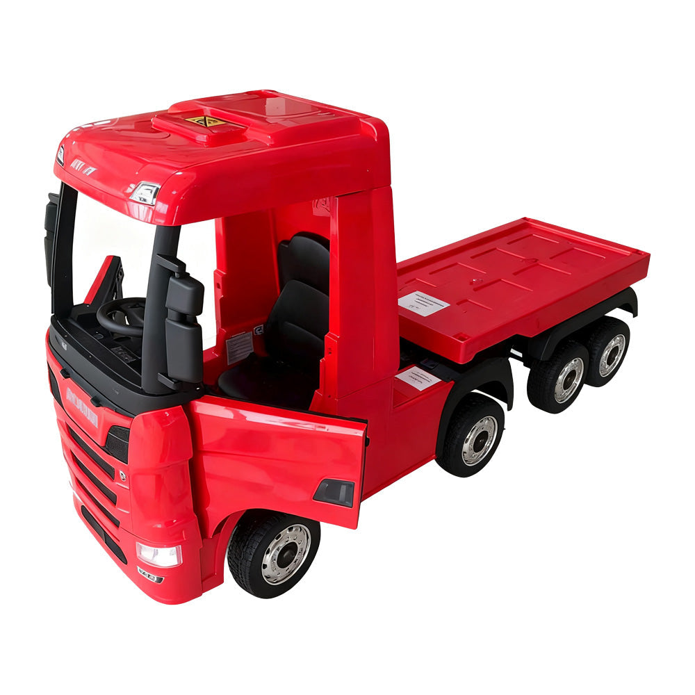 Camion electric cu remorcă pentru copii oficial licentiat, KIDOO, 12V, 2 motoare 35W, telecomandă 2.4G, suspensie pe 4 roți, lumini, muzică, viteză 3-5 km/h, uși funcționale