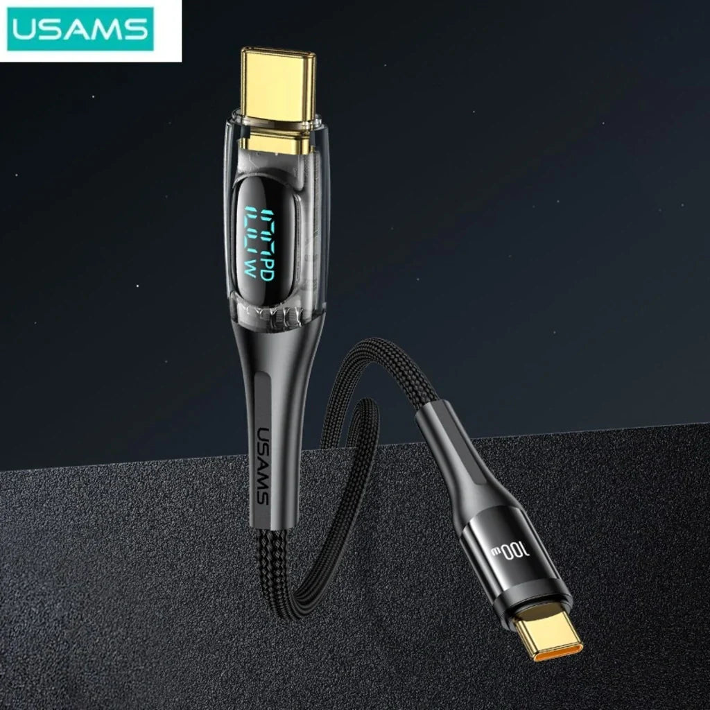 Cablu de Date &amp; Încărcare Rapidă USAMS Shadow Series, USB-C la USB-C, 100W PD, Display Digital LED, Nylon Împletit, 1.2m