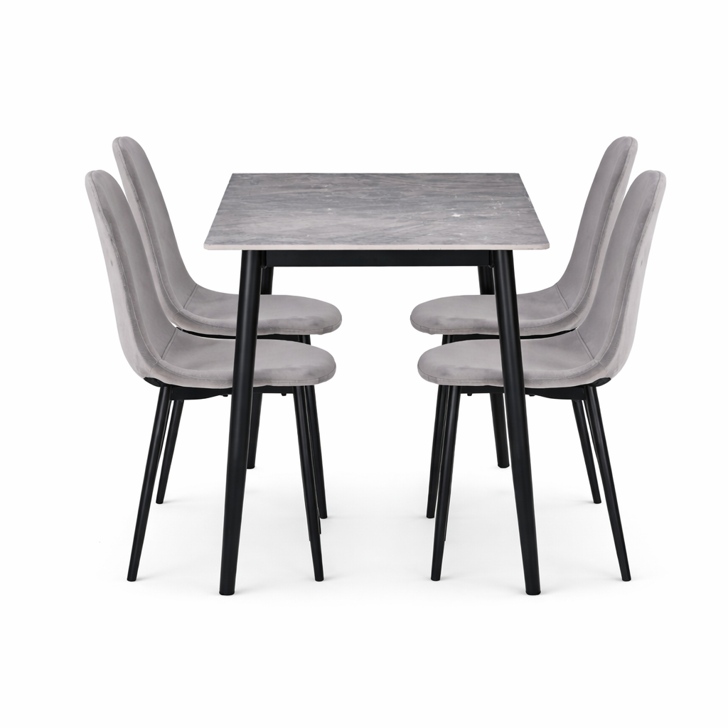 Set masă dining cu 4 scaune, blat sintered stone gri și catifea, 120x70 cm
