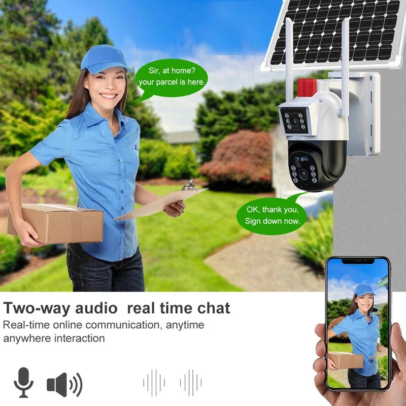 Cameră de Supraveghere Solară HNY 3MP 4G cu Panou Solar, Aplicația V380 Pro, Rotire PTZ, IP66, Card 64GB Inclus