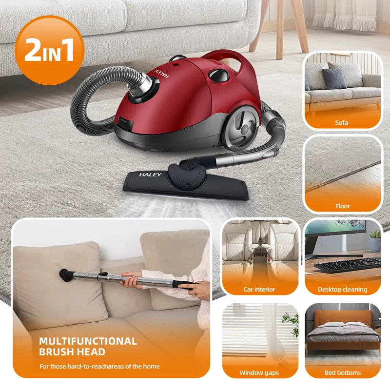 Aspirator cu Sac HALEY® HY-906, 2800W, Putere Aspirare 500W, Sistem Filtrare Multiplă, Capacitate Sac 2.0L, Roșu