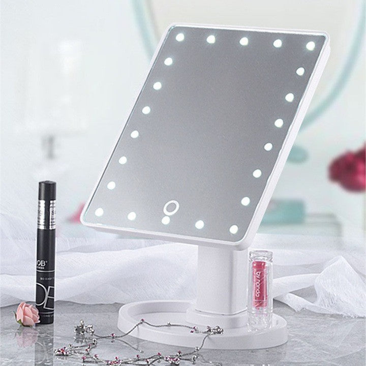 Oglinda Cosmetica AT PERFORMANCE® cu Iluminare LED, include 22 de Led-uri Puternice, Functie pentru Reglarea Intensitatii luminii, Reglarea inclinarii Oglinzii pana la 180°, Alimentare pe baterii sau la Retea, Baza Stabila.