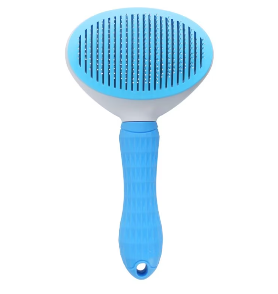 Perie cu buton auto-curatare pentru animale, AT PERFORMANCE, utila in curatarea si ingrijirea parului, 20x10x6 cm, pisici, caini, iepuri, albastra