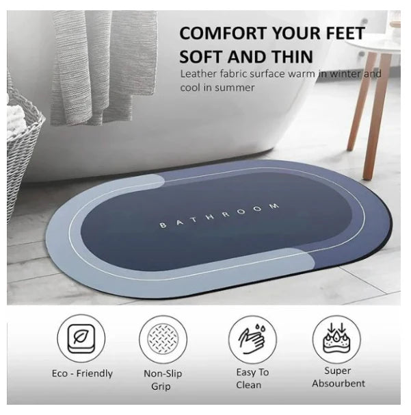 Covor de baie antiderapant, Substrat absorbant si uscare rapida, Usor de curatat, Oval, Dimensiuni 60 x 40 cm, Calitate Premium, Albastru