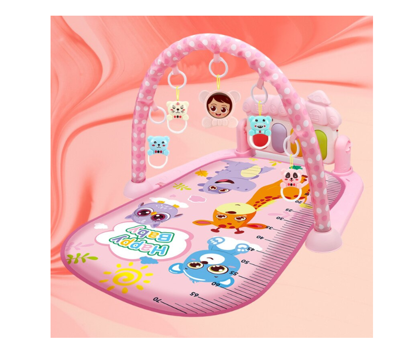 Saltea de joaca Muzicala, AT PERFORMANCE, Interactiva cu Pian 5 in 1,98 cm, print Happy Baby cu animalute, pentru Bebelusi, Roz