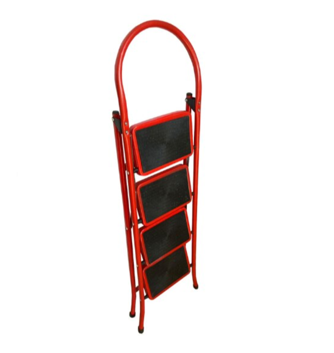 Scara Pliabila cu 4 Trepte Late, At Performance, Metalica, Maxim 150 Kg, Picioare Antialunecare, Rosu-Negru