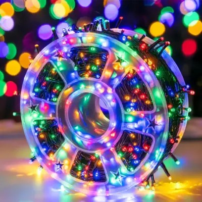 Pachet 2 x rola Instalatie de Craciun Liniara, AT PERFORMANCE®, 8 Jocuri de Lumini Interschimbabile, Alimentare La Priza Pentru Interior/Exterior, Rola 2x 100m, Fir Negru, Multicolor