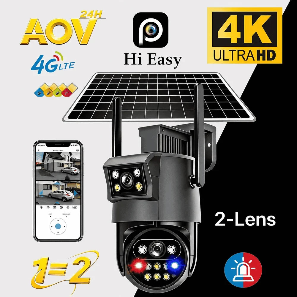 Cameră de Supraveghere Solară 4G AOV cu 2 Obiective, Monitorizare Video Continuă 24H, IP66, Acumulator Integrat, Panou Solar, Card TF și Cloud, Alarmă cu Notificări