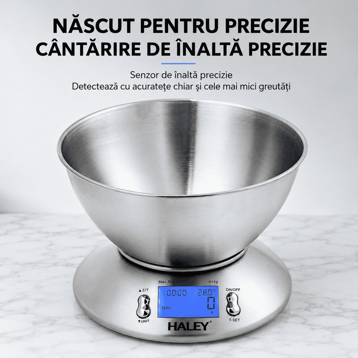 Cântar Electronic De Bucătărie Haley HY-5021, Capacitate 5 Kg, Precizie 1 g, Bol Inox 1,8 L, Display LCD