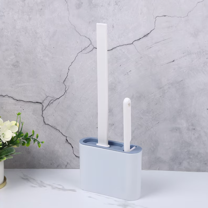 Set Perie WC din silicon pentru toaleta, AT PERFORMANCE®, Cap Flexibil, fixare pe perete, cu recipient din plastic, aspect modern, Alb