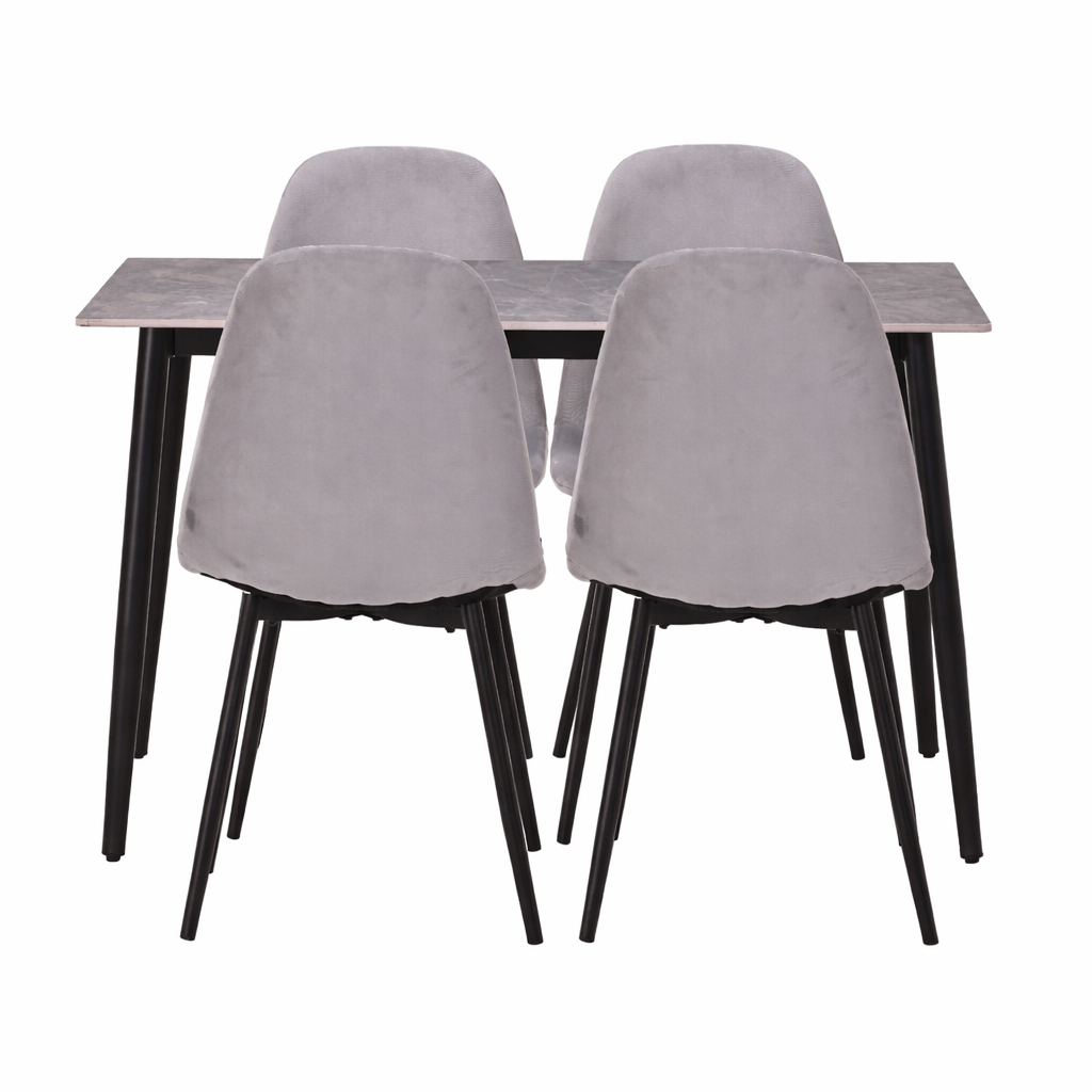 Set masă dining cu 4 scaune, blat sintered stone gri și catifea, 120x70 cm