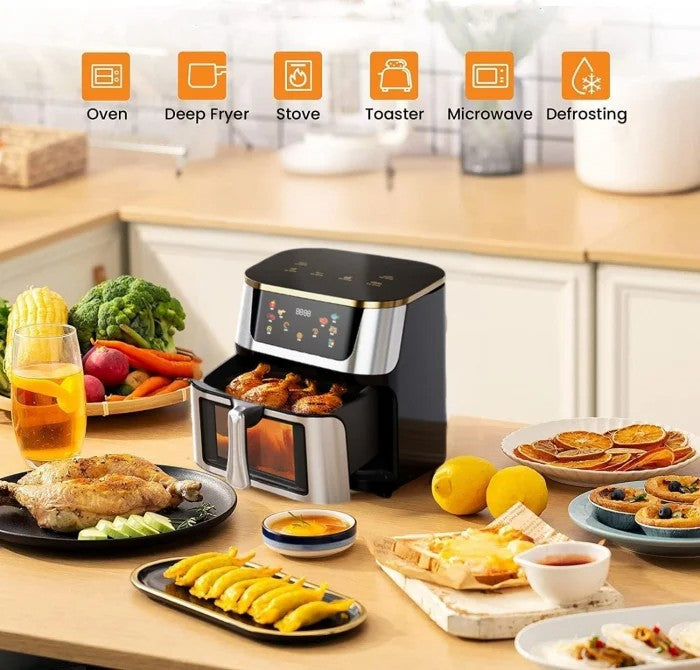 Friteuză cu Aer Cald 10L AT PERFORMANCE® – 2400W, Display Digital Touch, 8 Programe, cu Geam, Neagră + CADOU 50 Hârtii de Copt