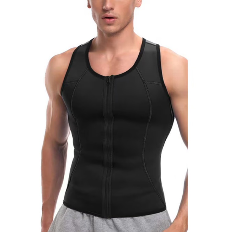 Vesta barbati, efect de sauna pentru slabit, cu fermoar, sustinere spate, negru, Marimea 3XL