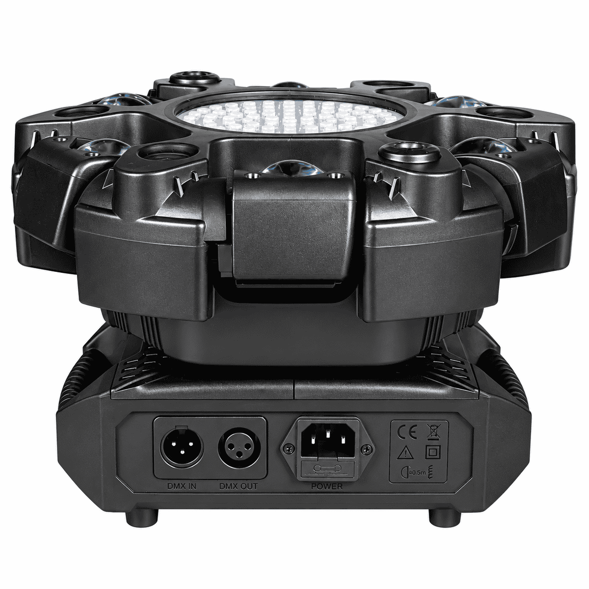 Moving Head LED Profesional Multi-Efect 100W, 6×10W RGBW CREE, Laser Roșu + Verde, Strobe Alb și Galben, 91 LED-uri, Brațe Rotative, DMX512 21 Canale, Sound Control