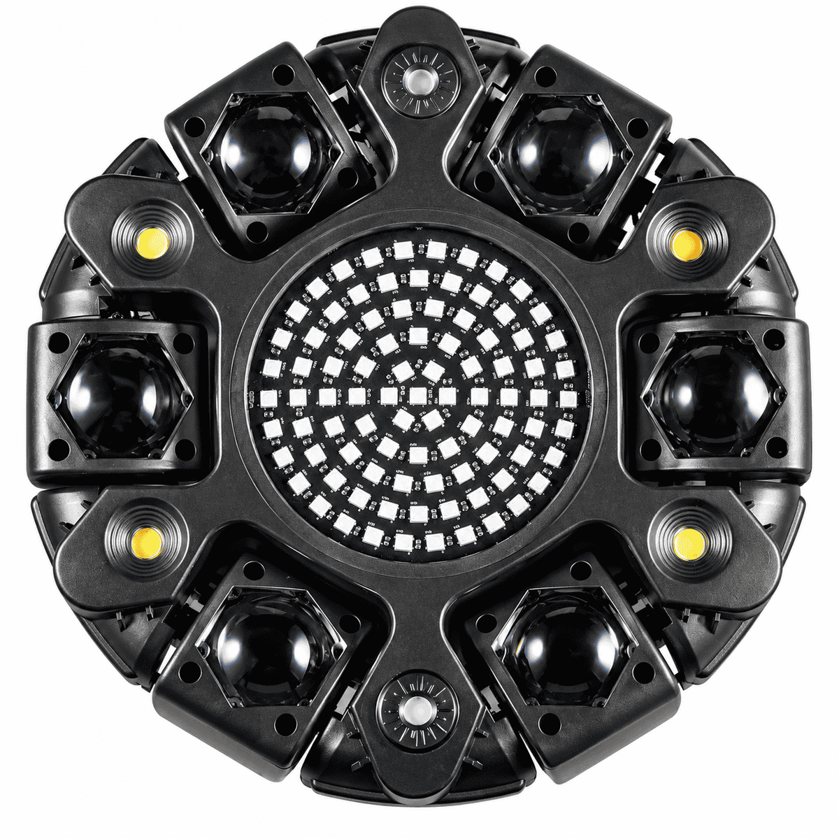 Moving Head LED Profesional Multi-Efect 100W, 6×10W RGBW CREE, Laser Roșu + Verde, Strobe Alb și Galben, 91 LED-uri, Brațe Rotative, DMX512 21 Canale, Sound Control