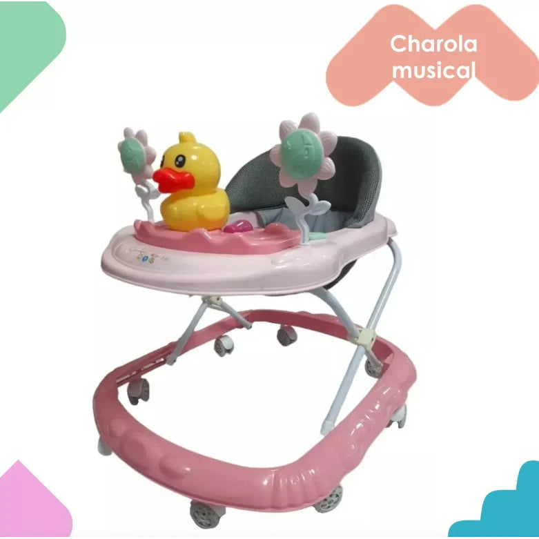 Premergator pliabil si muzical, AT PERFORMANCE®, cu roti de silicon, Ratusca, 2 flori, Roz