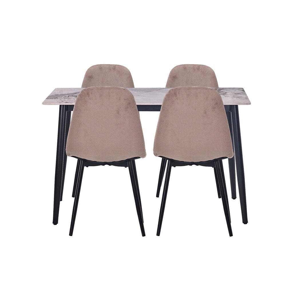 Set masă dining cu 4 scaune, blat sintered stone gri și catifea, 120x70 cm